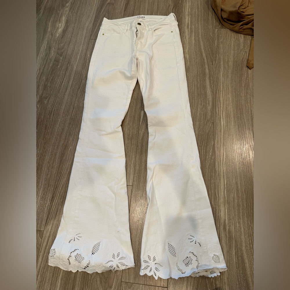 FRAME Le High Flare White Lace Trim Jeans
